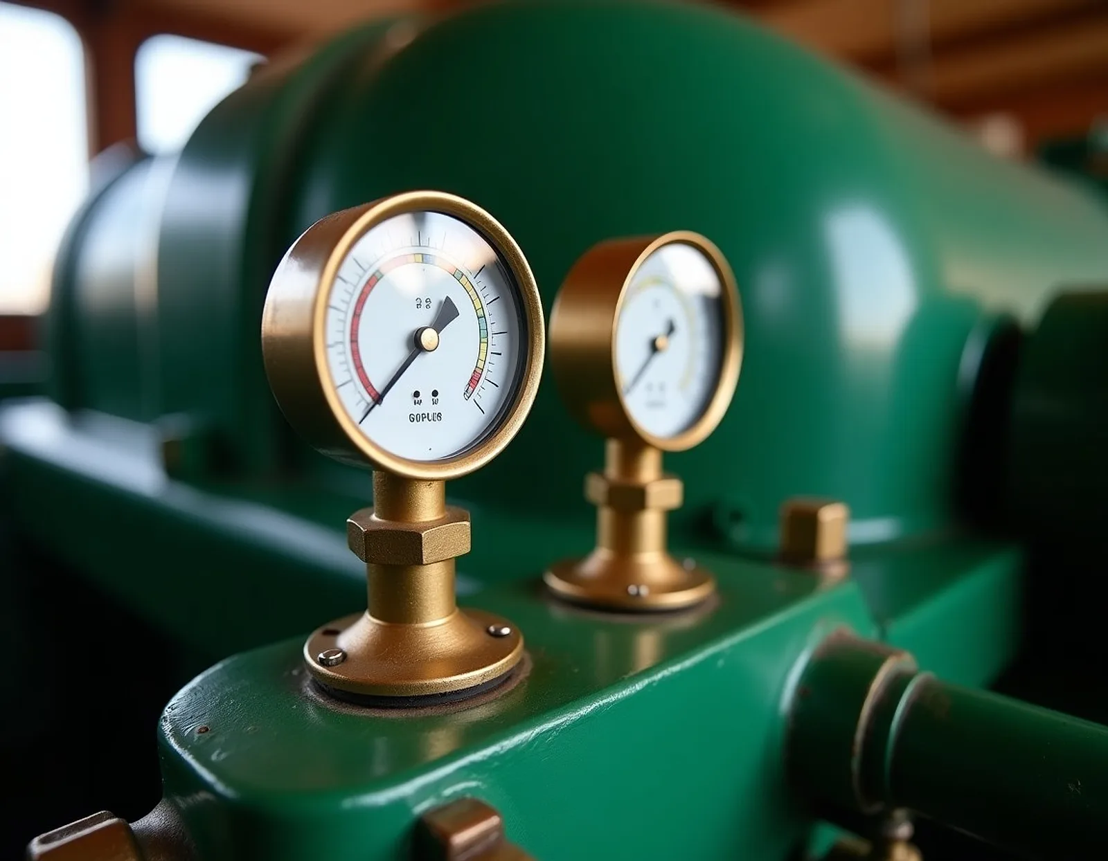 Close-up of analogue pressure and temperature gauges with brass fittings on a green painted ship engine