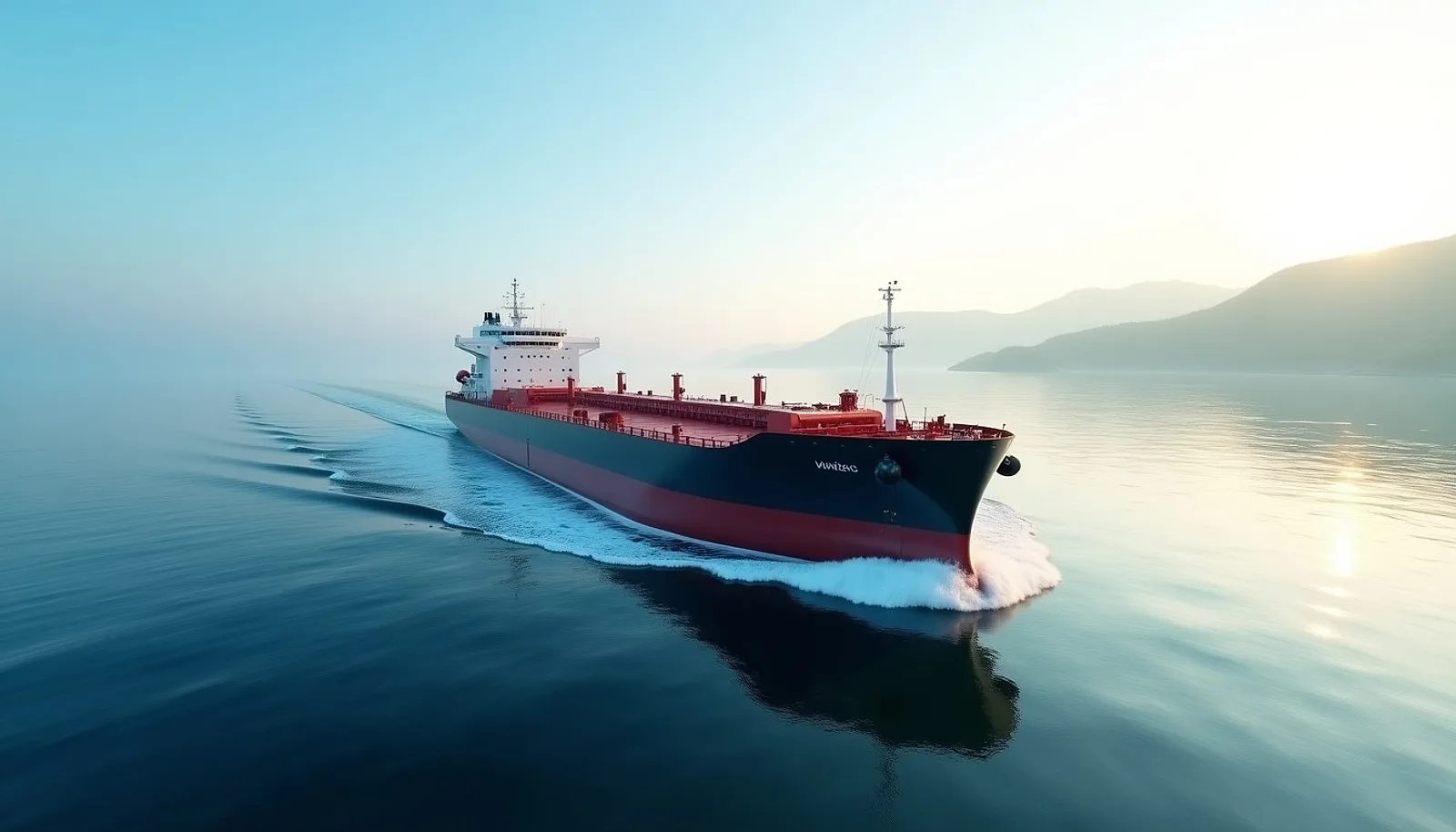 Modern bulk carrier sailing on calm blue sea at early morning with green coastal hills behind