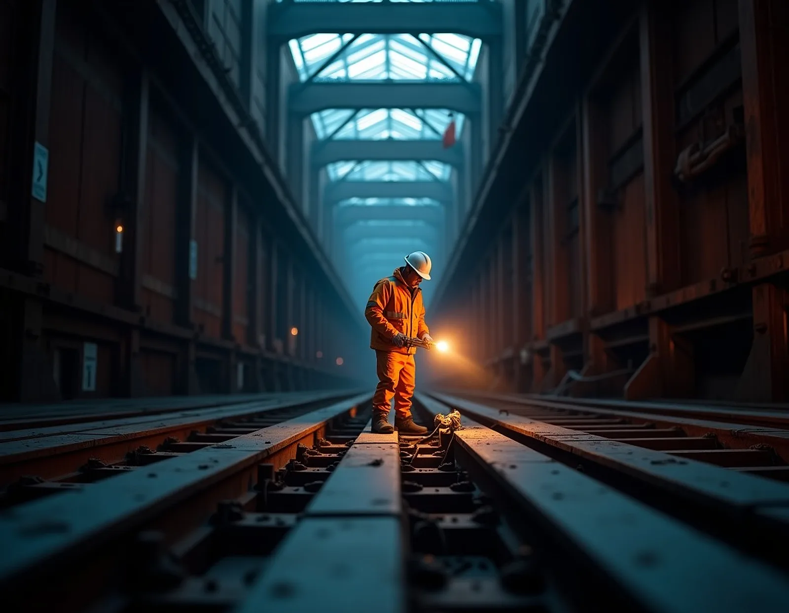 Surveyor with a torch inspecting steel frames and plating inside a large empty ship cargo hold